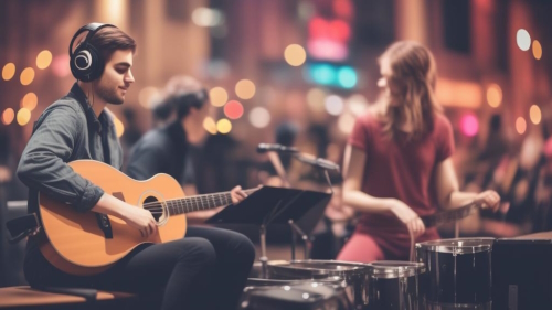 Musicians play in a lively setting