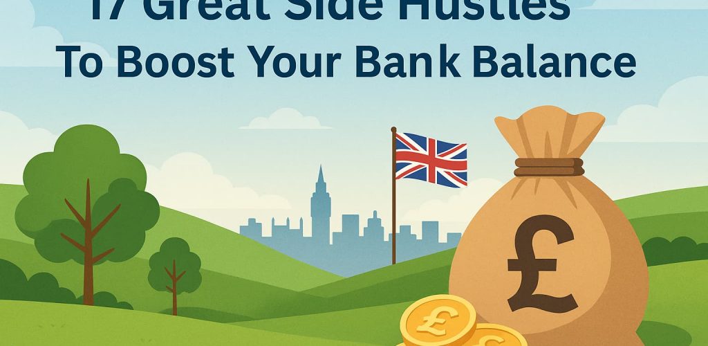 A big brown bag with a £ sign on it is next to a Union Jack flag on a green landscape.