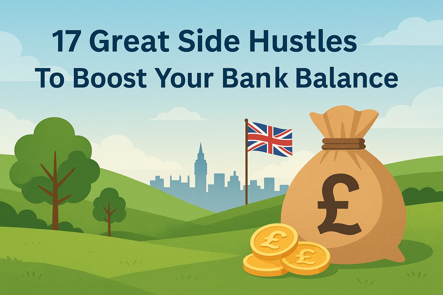 A big brown bag with a £ sign on it is next to a Union Jack flag on a green landscape.